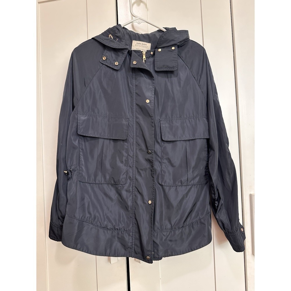 Zara Outerwear Navy Blue Wind Breaker Lightweight Hooded Jacket Size S